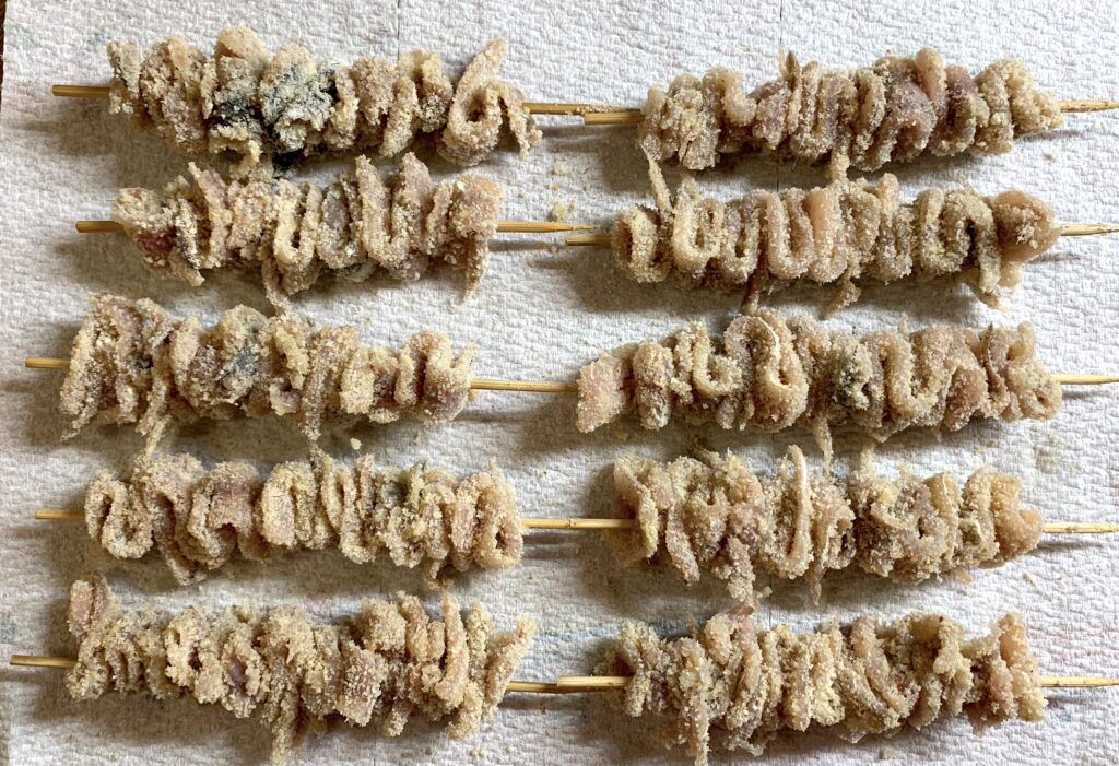 anchovies onto the skewers