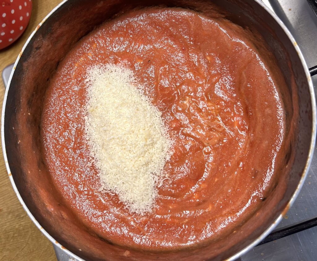 mix tomato puree bufala and parmesan