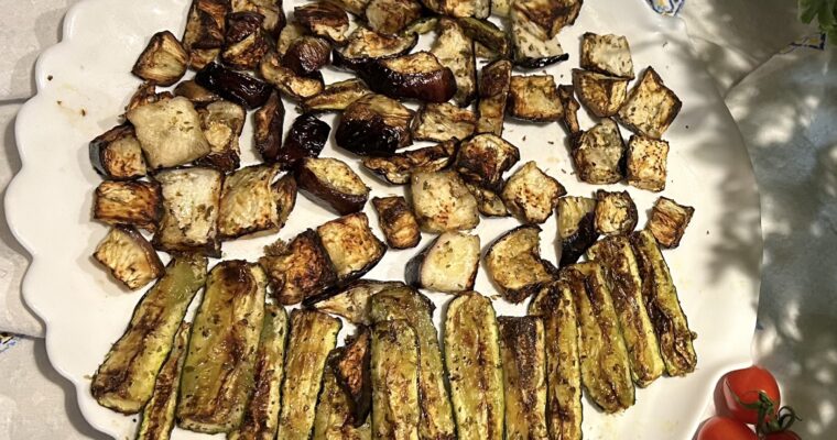 An aubergine and two courgettes cooked in the air fryer