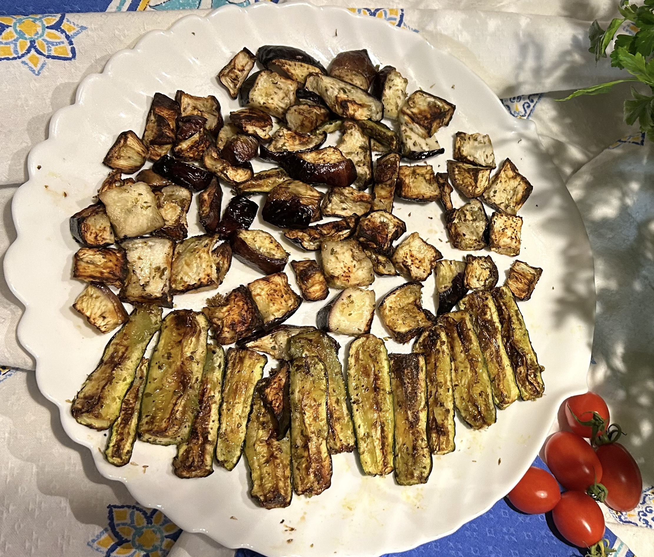 An aubergine and two courgettes cooked in the air fryer