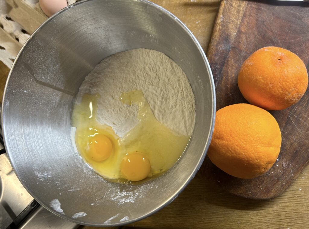 flour, sugar and eggs