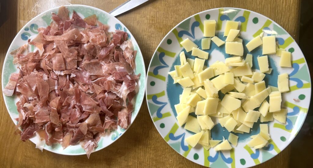 cut the ham and cheese into small pieces