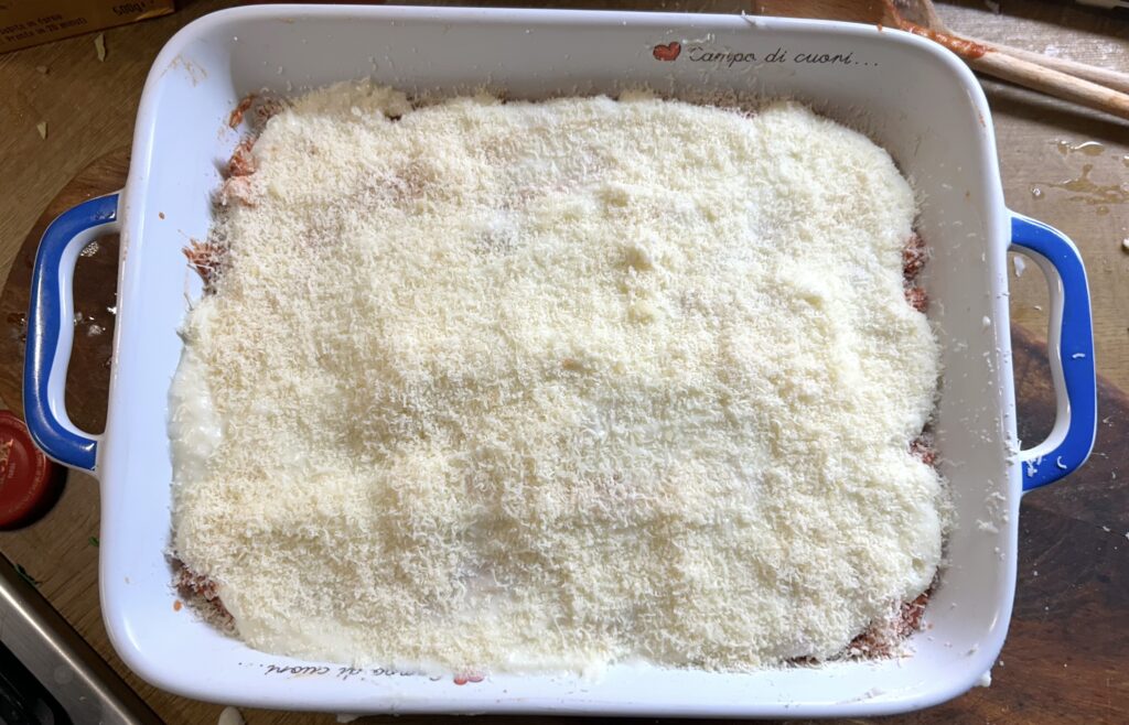 second layer of chicken breast sauce + bechamel + parmesan