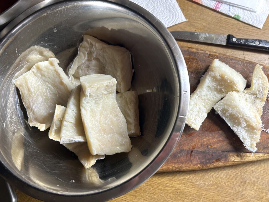 the coarse salt must be removed from the cod