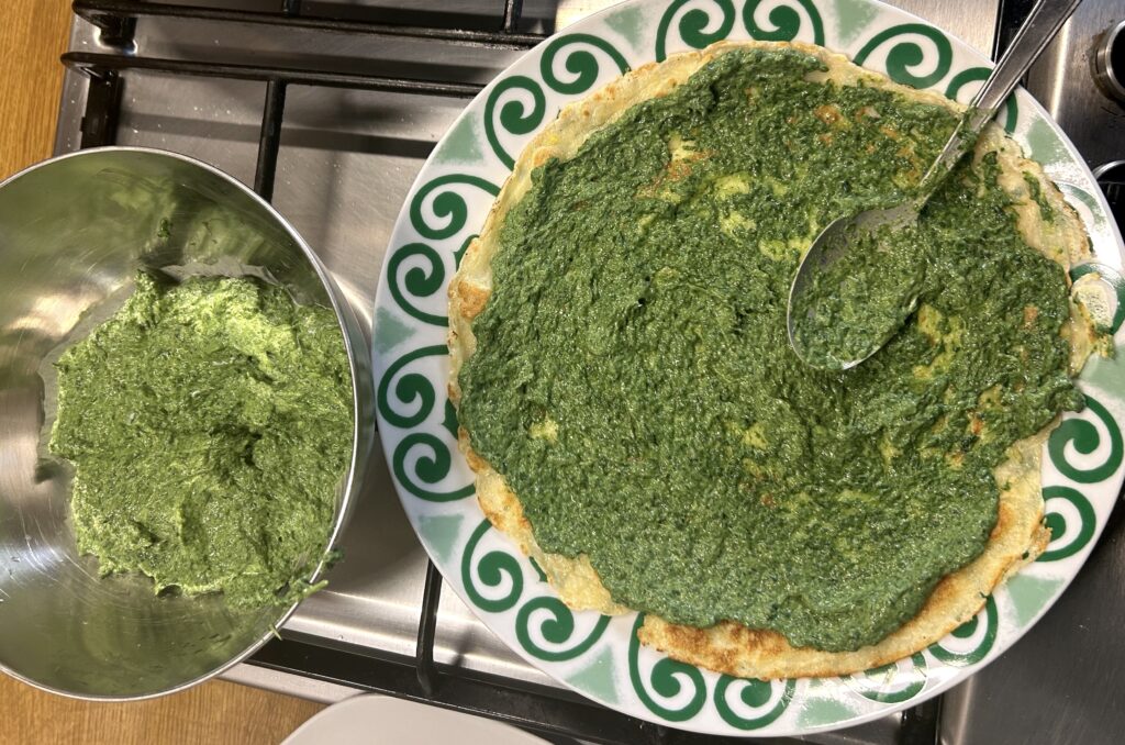 spread on each crepe with the spinach mixture