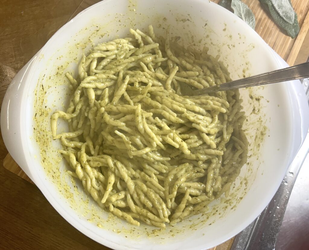 trofie mixed with pesto