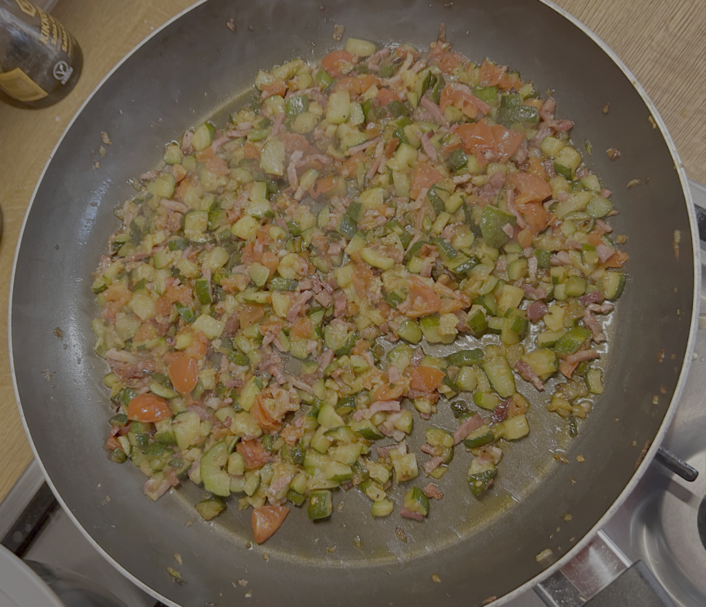 courgettes, speck and cherry tomatoes